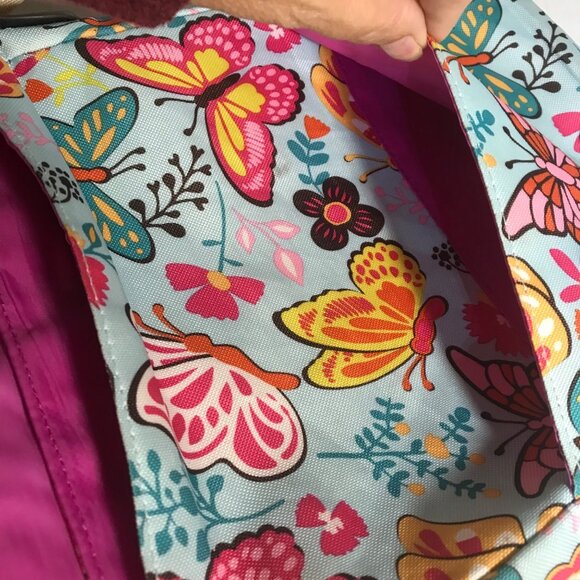 Lily Bloom Butterfly Print Crossbody Bag Tan Trim Pink Lining Pockets 10" x 9" - Picture 5 of 16
